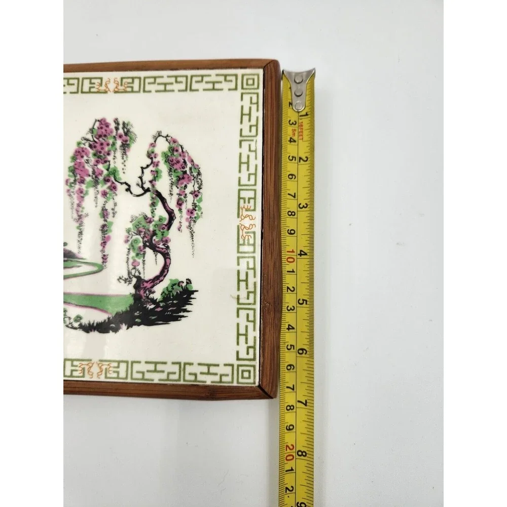 Vintage wood and tile‎ trivet Flowers Made in Japan Ito's Bamboo Handcrafts